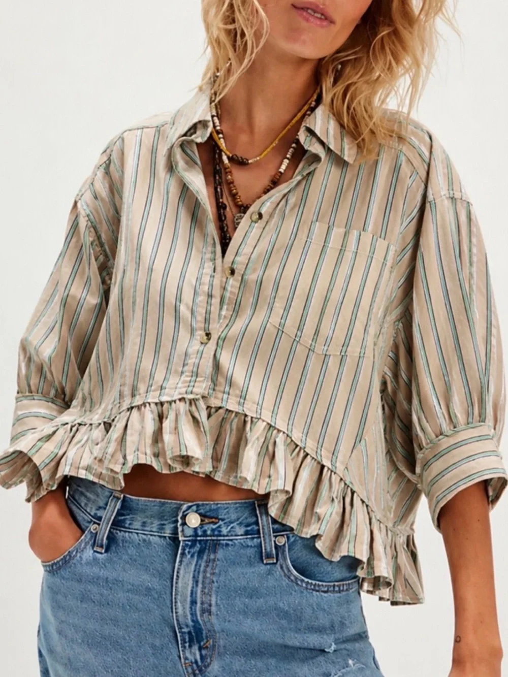 Free People Striped Ruffle Hem Button-Front Crop Top - Beige/Green/Blue - Picture 1 of 1